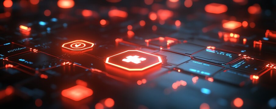 3Drendered healthcare security and trust icons glowing against a dark background, representing data protection and reliable healthcare services