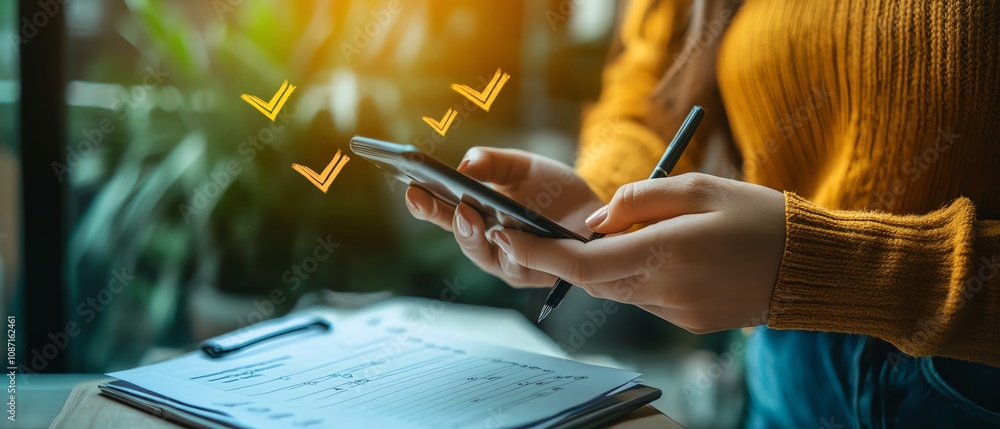 Poster closeup of a woman using a smartphone, with virtual documents and glowing checkmarks floating on the