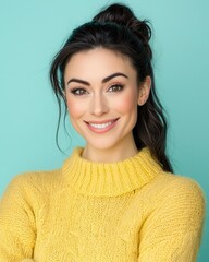Fototapeta premium Cheerful woman smiling studio setting portrait photography bright background lifestyle concept