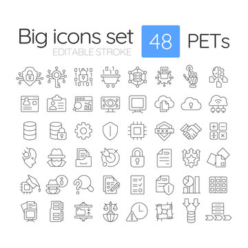 Privacy-enhancing technologies linear icons set. Data security, protection and encryption. Cybersecurity. Customizable thin line symbols. Isolated vector outline illustrations. Editable stroke
