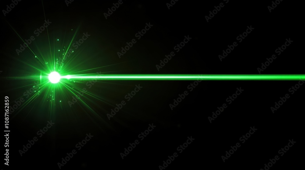 Poster bright green laser beam with light flare on dark background, creating a dynamic visual effect for te