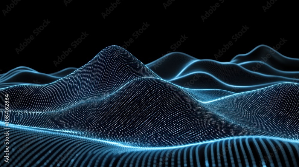 Poster futuristic blue light waves creating abstract landscape with smooth curves and undulating formations