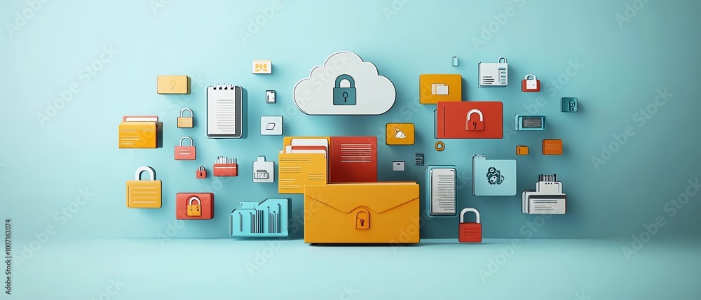 Poster digital cloud storage concept with floating icons, including file, lock, and cloud symbols, represen