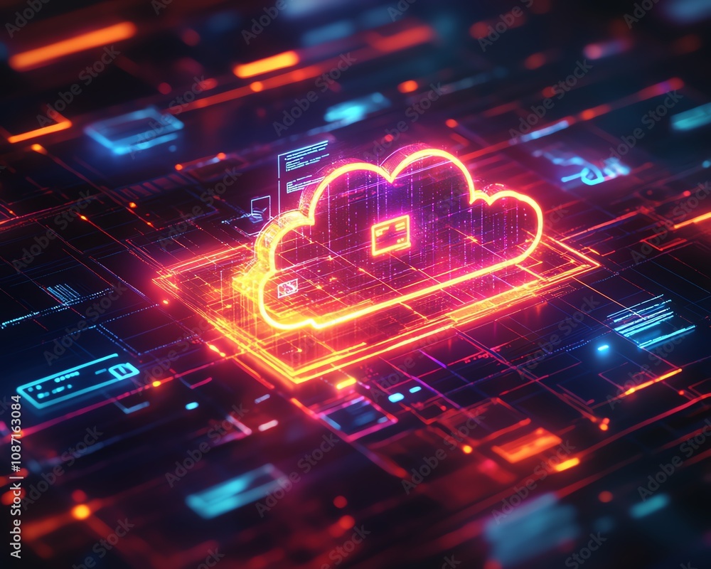 Poster digital cloud storage concept with glowing icons for files, folders, and security, representing secu