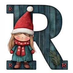 A girl in a red hat and scarf is standing in front of the letter R