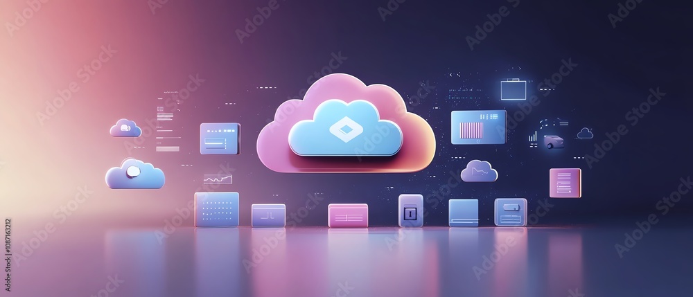 Poster digital cloud storage icons floating on a modern interface, representing file management, security, 