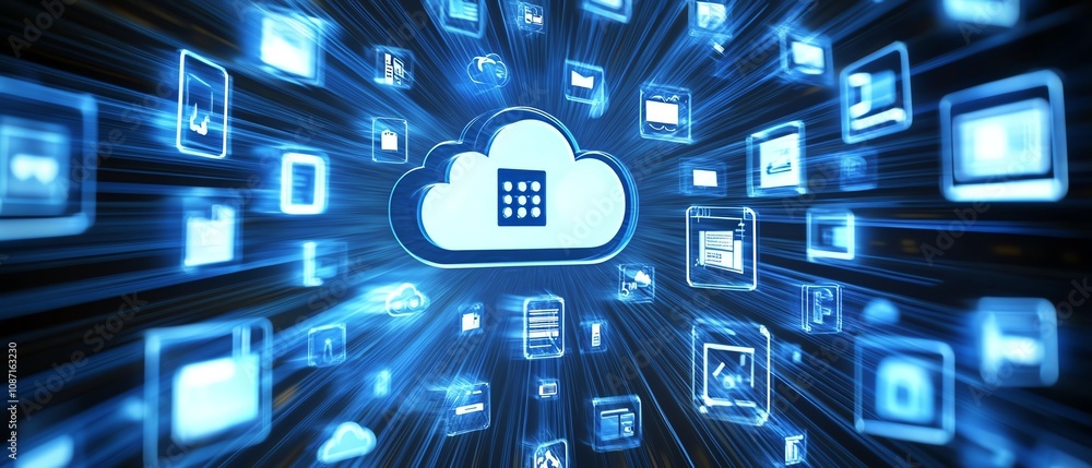 Poster digital cloud storage icons floating on a modern interface, representing file management, security, 