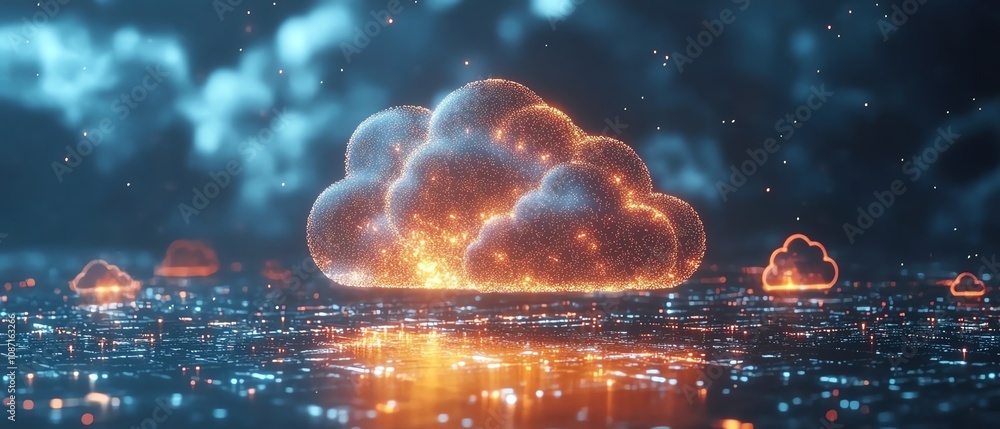 Poster digital cloud storage icons floating on a modern interface, representing file management, security, 