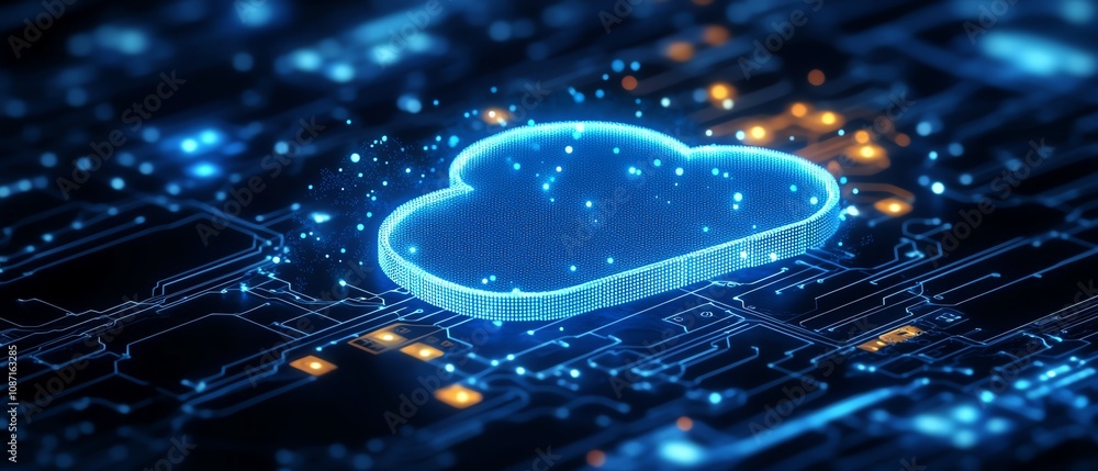 Poster digital cloud storage icons floating on a modern interface, representing file management, security, 