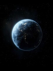 Naklejka premium Surface of Earth planet in deep space. Outer dark space wallpaper. Night on planet with cities lights. View from orbit.