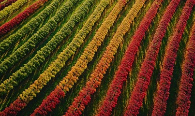 Aerial View of Colorful Vineyard Rows in Autumn