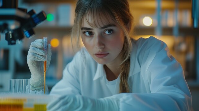 A woman in a lab coat is holding a test tube with a yellow liquid in it. She is wearing gloves and she is focused on her work. Concept of scientific precision and concentration - Powered by Adobe