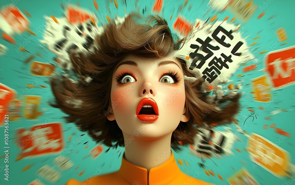 Poster exaggerated expressive portrait of a retro pop art woman with an animated dynamic facial expression 