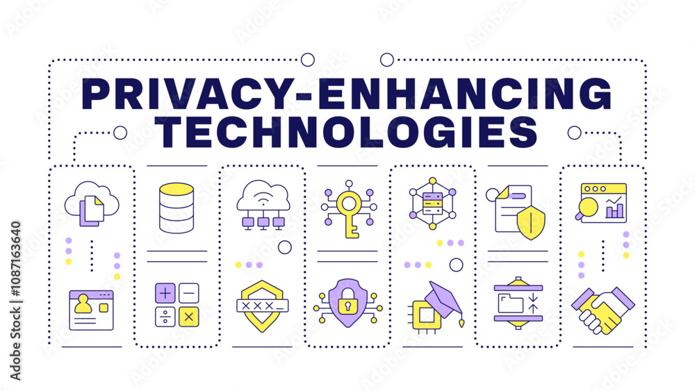 Aufkleber privacy-enhancing technologies word concept isolated on white. secure data collection and processing