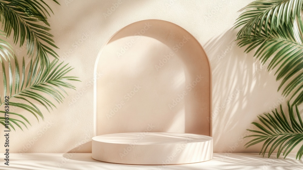 Aufkleber soft minimalist display scene with architectural arch and greenery, perfect for showcasing products 