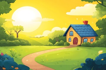 Fototapeta premium Beautiful landscape vector illustration of mountains, forests, fields and meadows. Stunning panoramic farm landscape with mountains in the background. Natural landscape