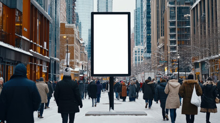 Obraz premium blank billboard stands on snowy street surrounded by bustling crowd in city. scene captures vibrant urban life and winter atmosphere