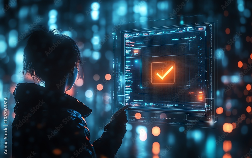 Poster digital holographic interface with person interacting, highlighting a glowing checkbox on dark backg