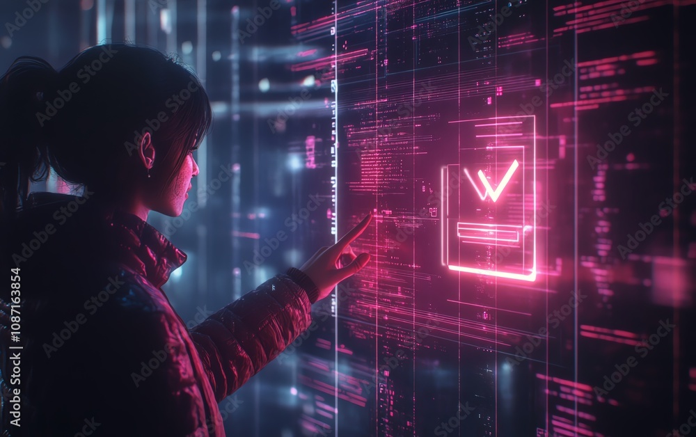 Poster digital holographic interface with person interacting, highlighting a glowing checkbox on dark backg
