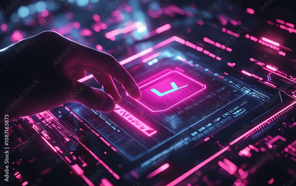 Poster digital holographic interface with person interacting, highlighting a glowing checkbox on dark backg