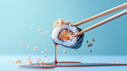 Sushi with brown sauce dripping from chopsticks, isolated on a white background