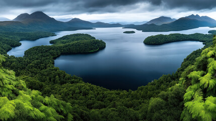 Fototapeta premium Panoramic view of a tranquil lake surrounded by dense green forest and distant mountains under a cloudy sky