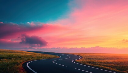 Naklejka premium A scenic winding road through lush fields under a vibrant sunset sky, showcasing nature's beauty and peacefulness.