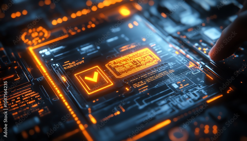 Poster digital interface with a person interacting, glowing checkbox highlighted, dark background, symboliz