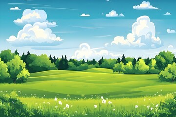 Beautiful landscape vector illustration of mountains, forests, fields and meadows. Stunning panoramic farm landscape with mountains in the background. Natural landscape