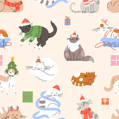 Cute christmas cats seamless pattern. Cat in Santa Claus red hat, sweater, with gifts. Winter holiday funny print template, vector background