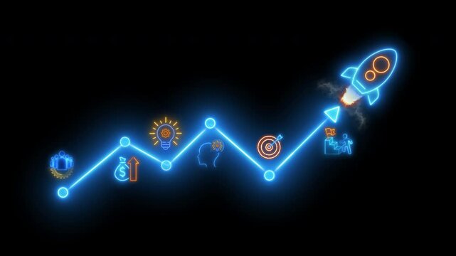 Startup business concept, Glowing neon line of launching rocket with icons of of innovation, funding, business plan, teamwork, investment, target and goal isolated on transparent background.