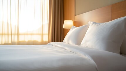 Fototapeta premium Comfortable hotel room with soft bedding and warm sunlight streaming through large windows in the early evening