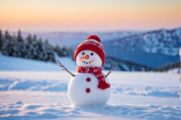 Obraz premium Happy snowman standing in a winter landscape with copy space, beautiful light, and bokeh.