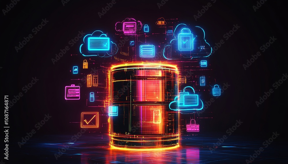 Poster futuristic cloud storage interface with digital icons representing files, security, and data access,