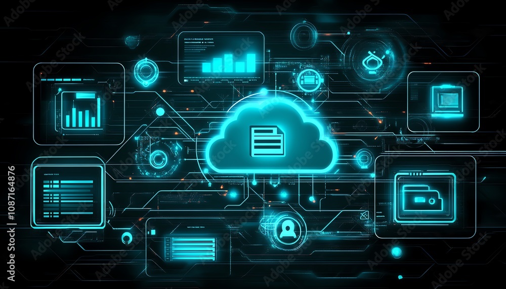 Poster futuristic cloud storage interface with digital icons representing files, security, and data access,