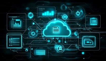 Futuristic cloud storage interface with digital icons representing files, security, and data access, glowing against a sleek background
