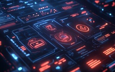 Futuristic digital approval system with glowing checkboxes for project management, task completion icons and progress markers on a modern interface