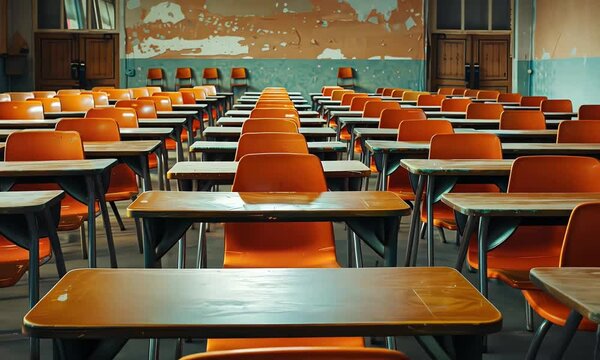  Empty classroom with wooden desks and chairs, showcasing a learning environment. Ideal for education, teaching, and training-related content, highlighting the interior of a school or university.