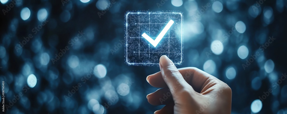 Poster futuristic person interacting with holographic controls, highlighting a digital checkbox on a dark b