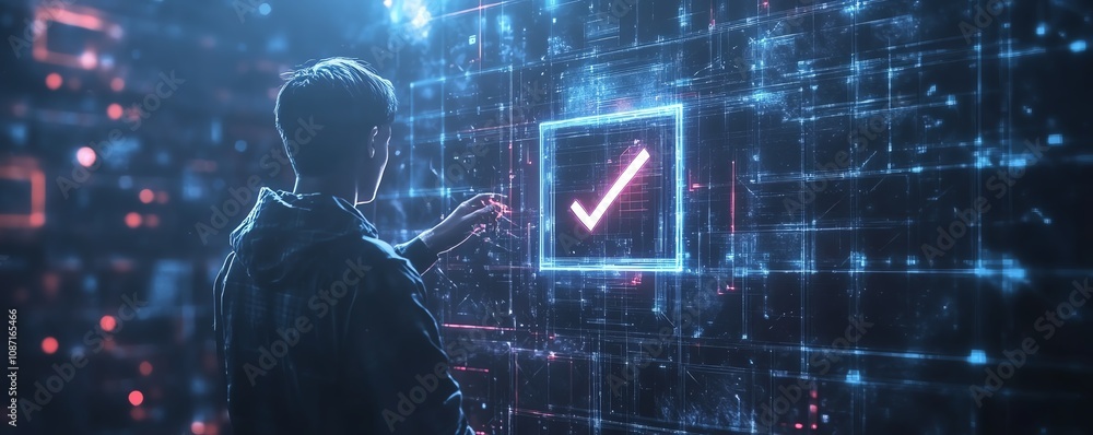 Poster futuristic person interacting with holographic controls, highlighting a digital checkbox on a dark b