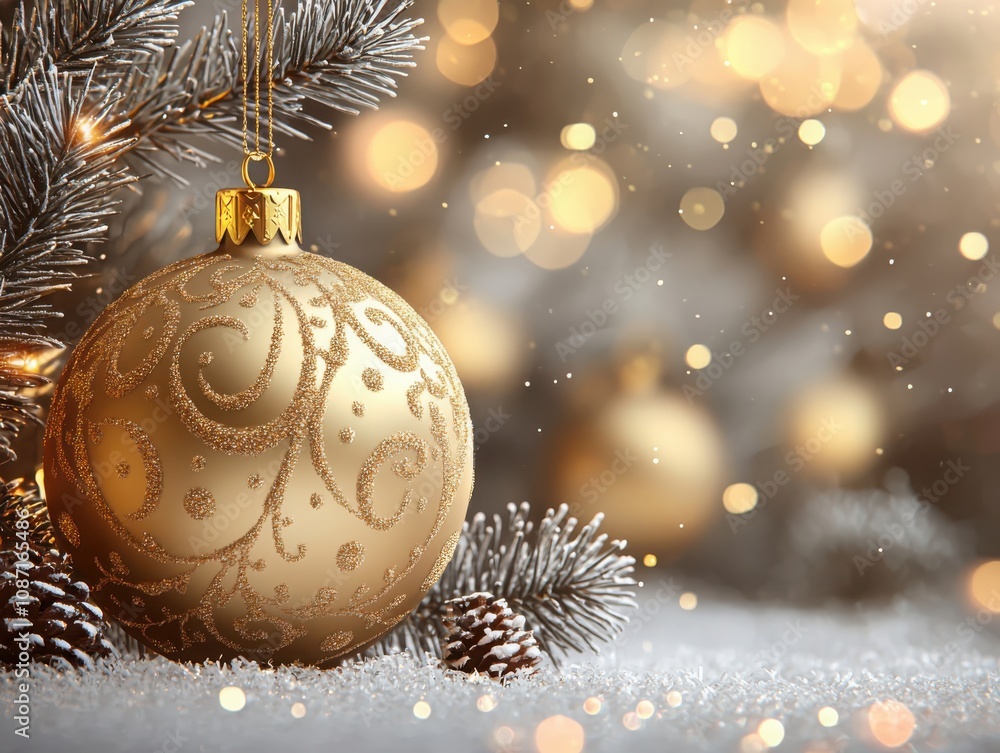 Poster creating a serene minimalist christmas background with a single large gold ornament in a cozy home s