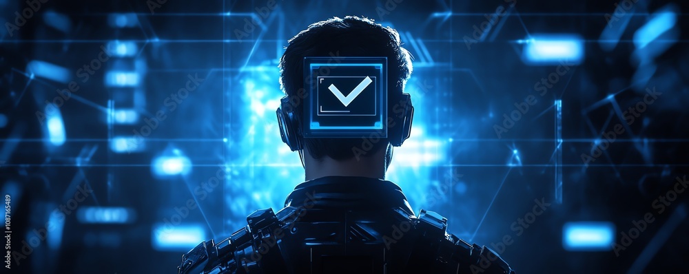 Poster futuristic person interacting with holographic controls, highlighting a digital checkbox on a dark b