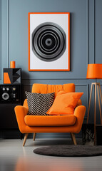Orange Armchair Black  White Chevron Pillow Abstract Art Print Modern Interior