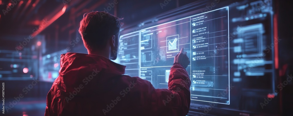 Poster futuristic person interacting with holographic controls, highlighting a digital checkbox on a dark b