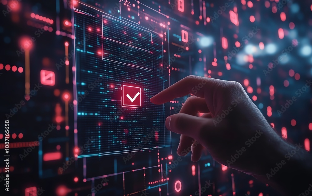 Poster futuristic person interacting with a holographic interface, emphasizing a digital checkbox on a dark