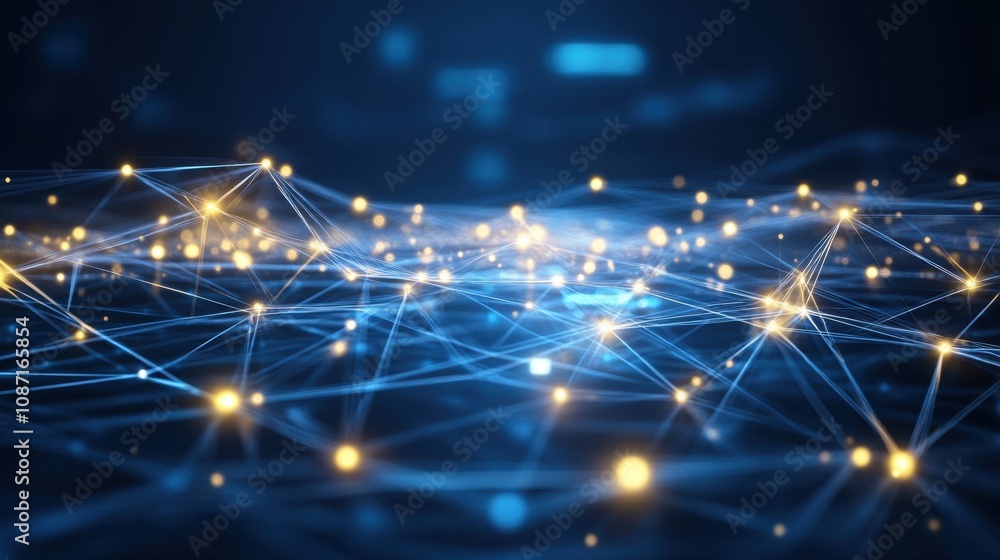 Poster abstract digital network background with bright dots and lines representing data flow and connection