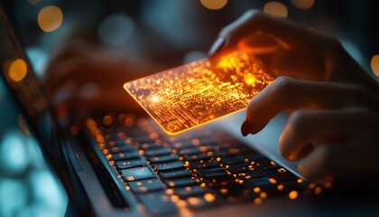 Hand holding a glowing health insurance card while using a laptop, symbolizing the connection between medical care and technology