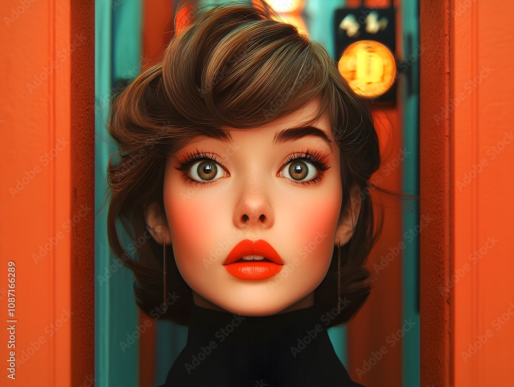 Poster captivating retro pop art portrait of a woman with exaggerated features and expressions in a vibrant