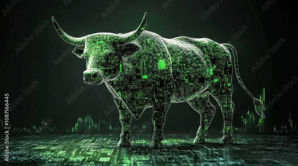 Poster digital bull representing growth and success in financial markets with glowing data patterns in a da