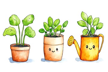 Watercolor Illustration of Cute Cartoon Plants in Pots and Watering Can. This cheerful image features three potted plants with happy faces, including one planted in a whimsical watering can.
